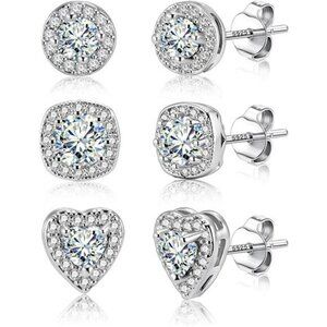 Sterling Silver Cubic Zirconia Stud Earrings Set Round Heart Square Jewelry